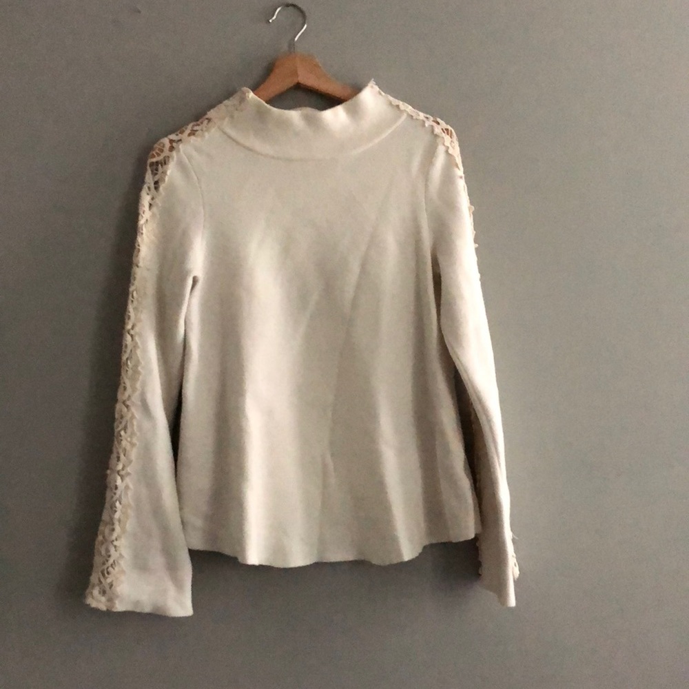 Mock neck sweater with lace appliqué open sleeves